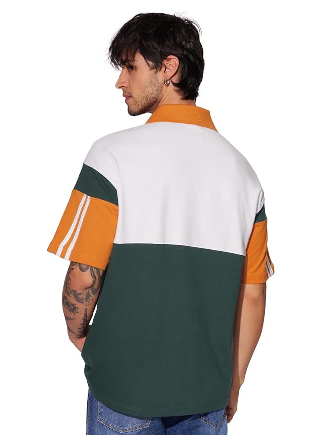 The Souled Store Topaz Tint Men and Boys Short Sleeves Collared Neck Multicolor Color Blocked Cotton Oversized Polos