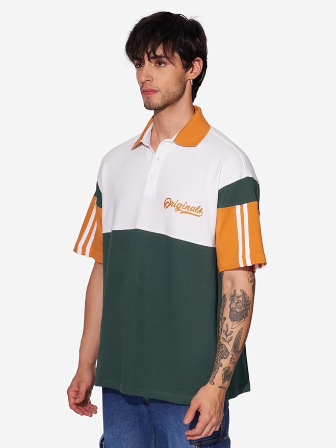 The Souled Store Topaz Tint Men and Boys Short Sleeves Collared Neck Multicolor Color Blocked Cotton Oversized Polos