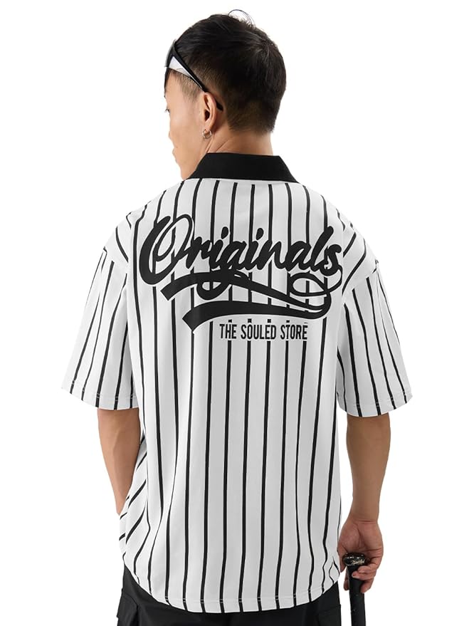 The Souled Store Stripes: Timeless Noir Men and Boys Short Sleeves Collared Neck Black and White Cotton Oversized Polos