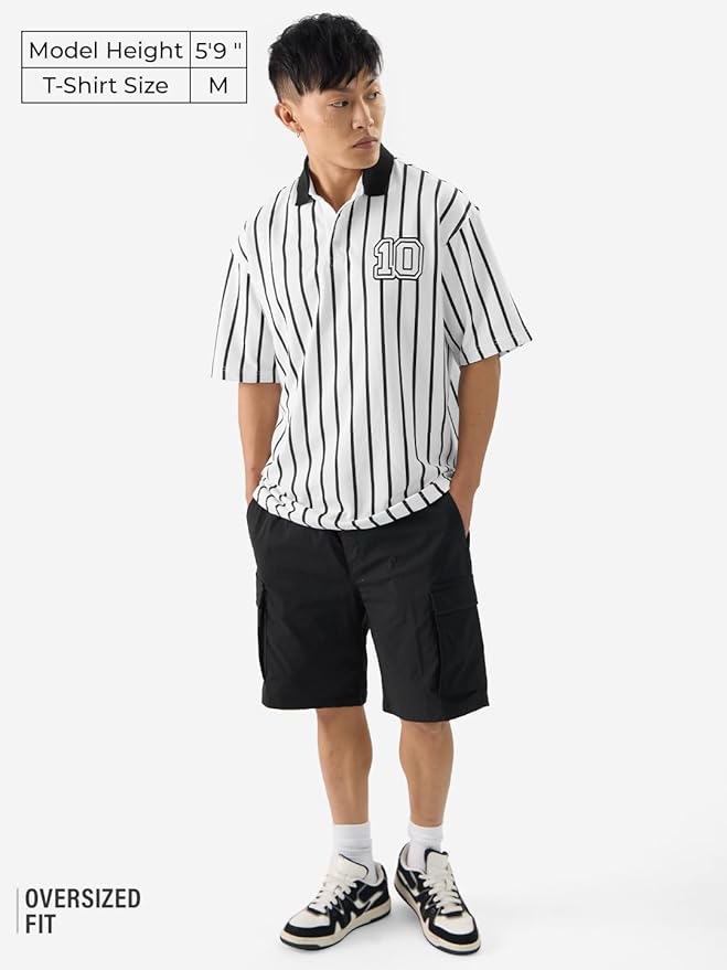The Souled Store Stripes: Timeless Noir Men and Boys Short Sleeves Collared Neck Black and White Cotton Oversized Polos