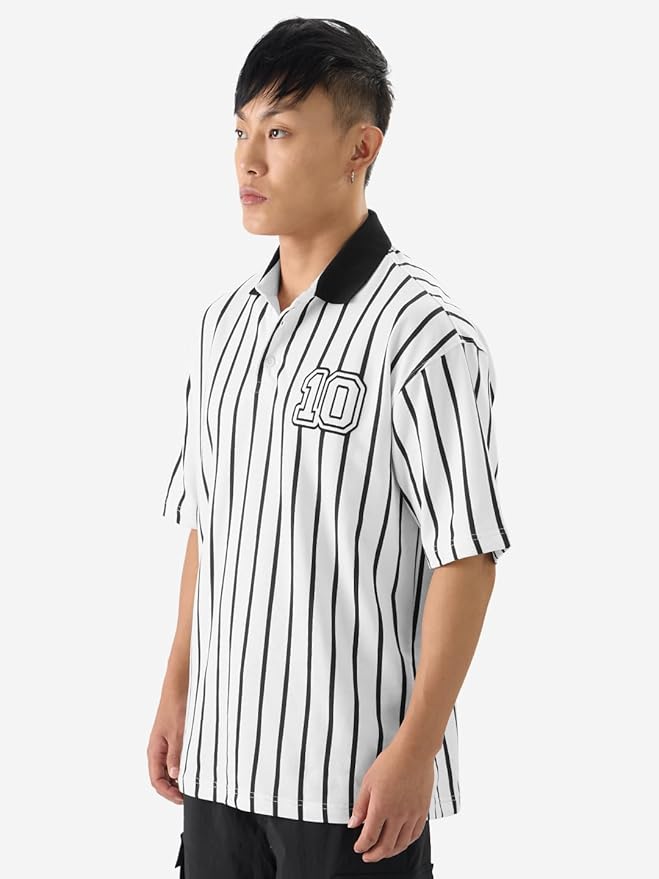 The Souled Store Stripes: Timeless Noir Men and Boys Short Sleeves Collared Neck Black and White Cotton Oversized Polos