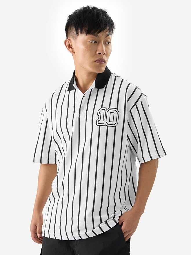 The Souled Store Stripes: Timeless Noir Men and Boys Short Sleeves Collared Neck Black and White Cotton Oversized Polos