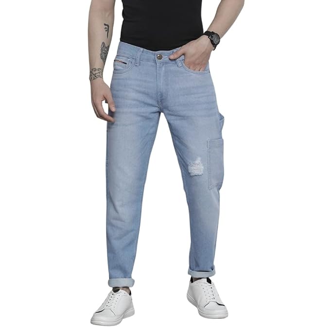 The Indian Garage Co Men Carpenter Fit Distressed Mid-Rise Cargo Denim