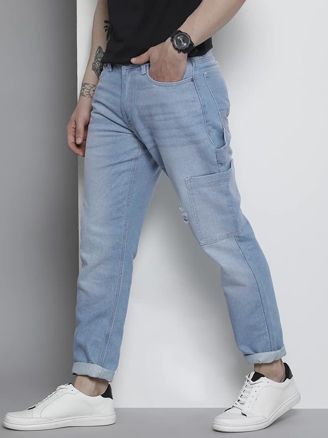 The Indian Garage Co Men Carpenter Fit Distressed Mid-Rise Cargo Denim