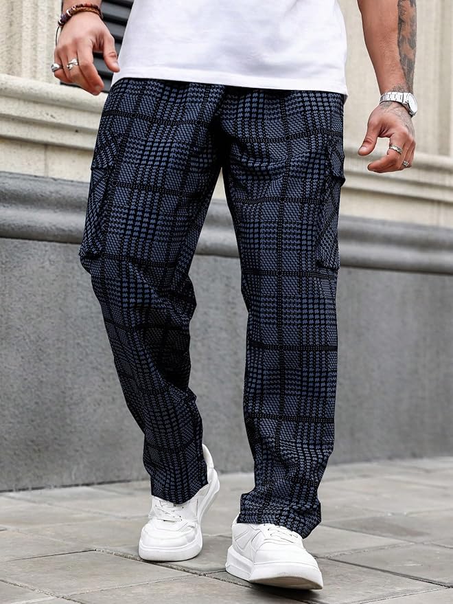 TAGDO Men's Plaid Cargo Pocket Straight Leg Relaxed Casual Pants (2039)