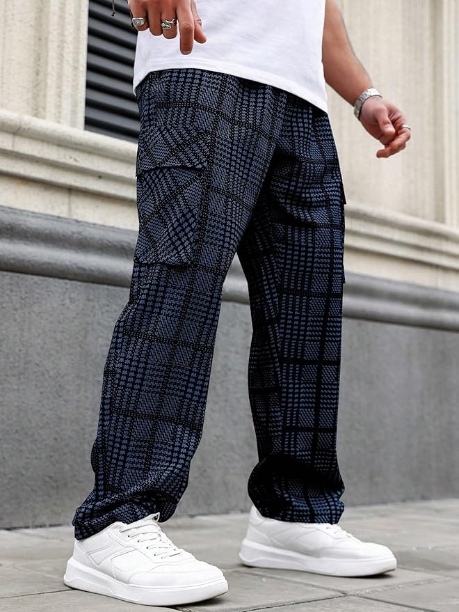 TAGDO Men's Plaid Cargo Pocket Straight Leg Relaxed Casual Pants (2039)