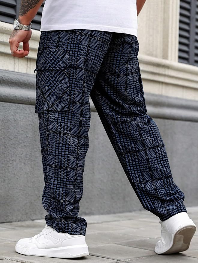 TAGDO Men's Plaid Cargo Pocket Straight Leg Relaxed Casual Pants (2039)
