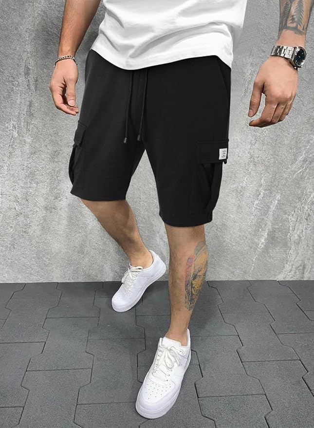 Q - RIOUS Mens Casual Sweat Cargo Cotton Shorts Drawstring Elastic Waist Athletic Workout Gym Jogger Shorts with 5 Pockets