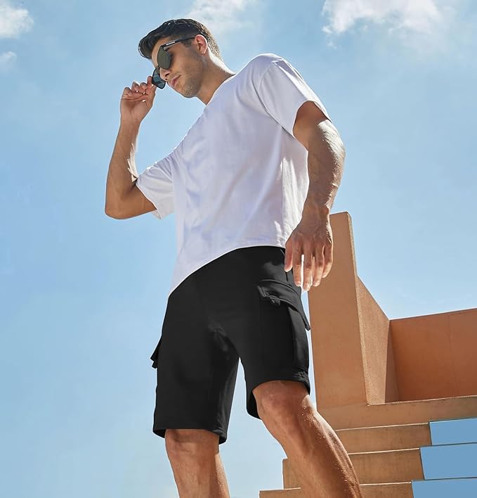 Q - RIOUS Mens Casual Sweat Cargo Cotton Shorts Drawstring Elastic Waist Athletic Workout Gym Jogger Shorts with 5 Pockets