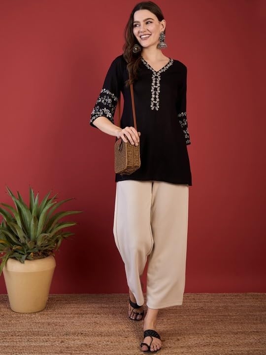 MAHIRA'S Comfort Short Kurti for Women | Indian Women's Tunics Tops | Rayon Top with 3/4 Designer Sleeves | Kurta Shirt Top for Ladies