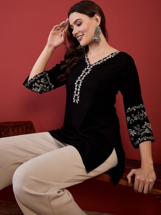 MAHIRA'S Comfort Short Kurti for Women | Indian Women's Tunics Tops | Rayon Top with 3/4 Designer Sleeves | Kurta Shirt Top for Ladies