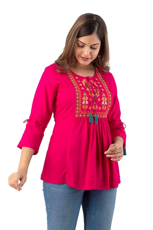 DMP FASHION Women's Rayon Classic Heavy Embroidery Top with Beautifull Tassels at Front and on Both Sleeves