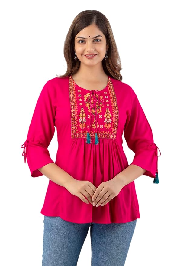 DMP FASHION Women's Rayon Classic Heavy Embroidery Top with Beautifull Tassels at Front and on Both Sleeves