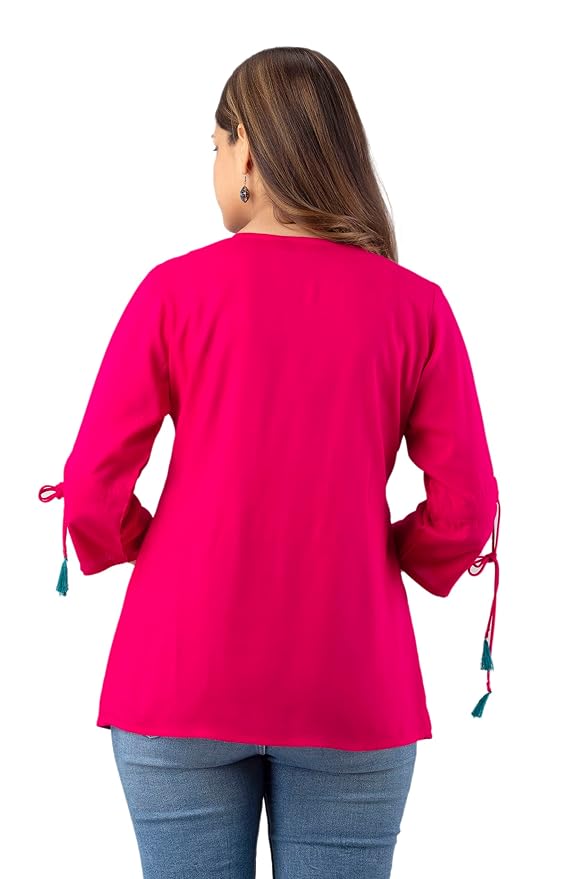 DMP FASHION Women's Rayon Classic Heavy Embroidery Top with Beautifull Tassels at Front and on Both Sleeves