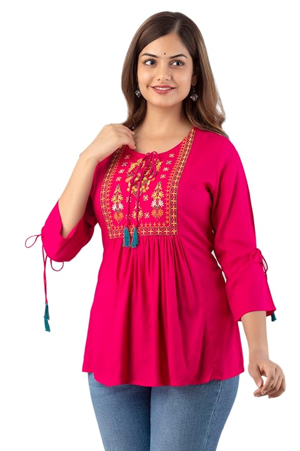 DMP FASHION Women's Rayon Classic Heavy Embroidery Top with Beautifull Tassels at Front and on Both Sleeves