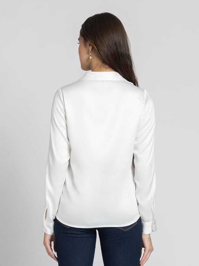 SHAYE Spread Collar White Satin Floral Print Long Sleeves Casual Shirts for Women