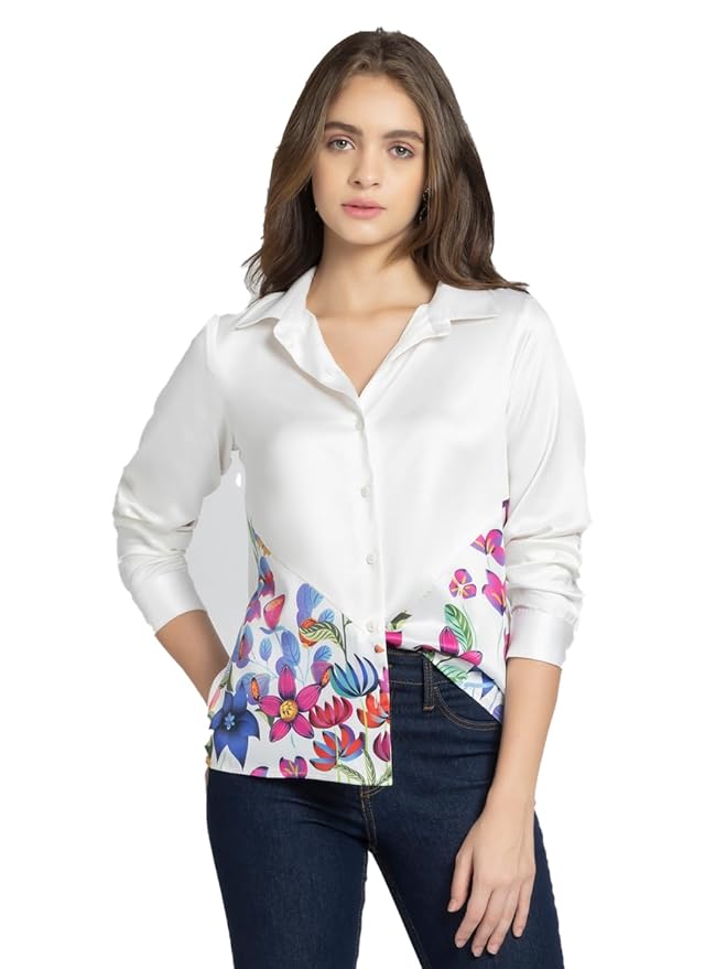 SHAYE Spread Collar White Satin Floral Print Long Sleeves Casual Shirts for Women