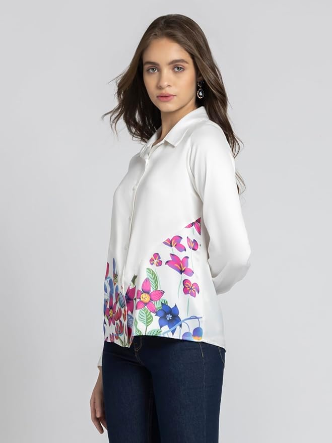 SHAYE Spread Collar White Satin Floral Print Long Sleeves Casual Shirts for Women