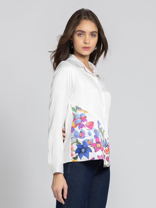SHAYE Spread Collar White Satin Floral Print Long Sleeves Casual Shirts for Women