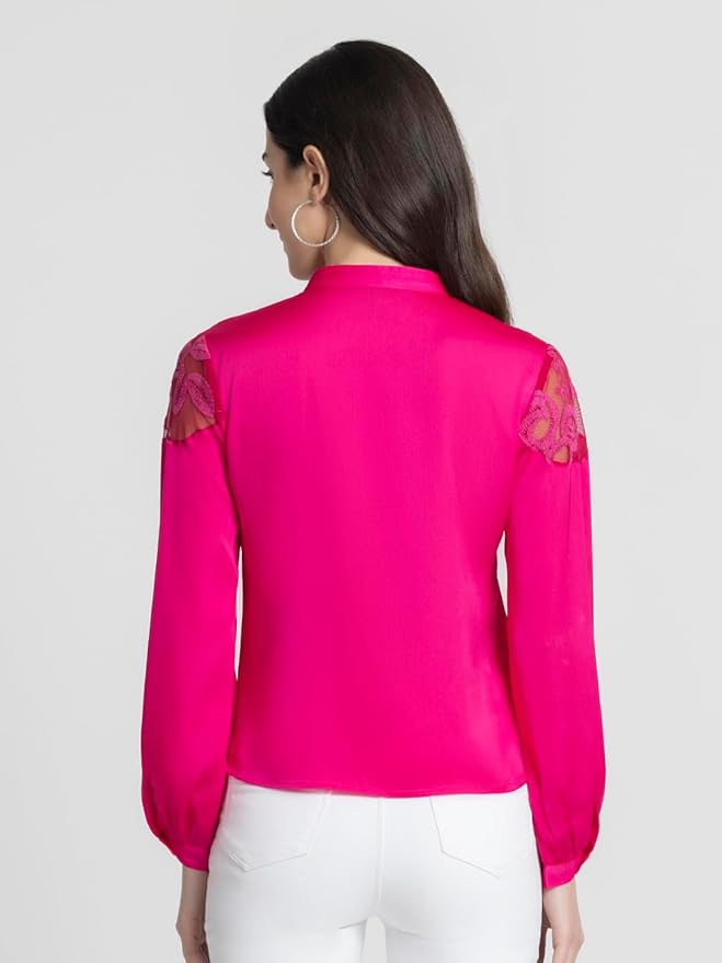 SHAYE Band Collar Fuchsia Embroidered Long Sleeves Satin Casual Tops for Women