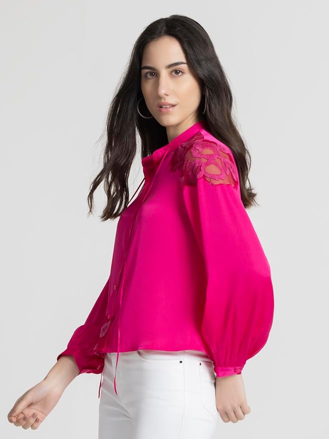 SHAYE Band Collar Fuchsia Embroidered Long Sleeves Satin Casual Tops for Women