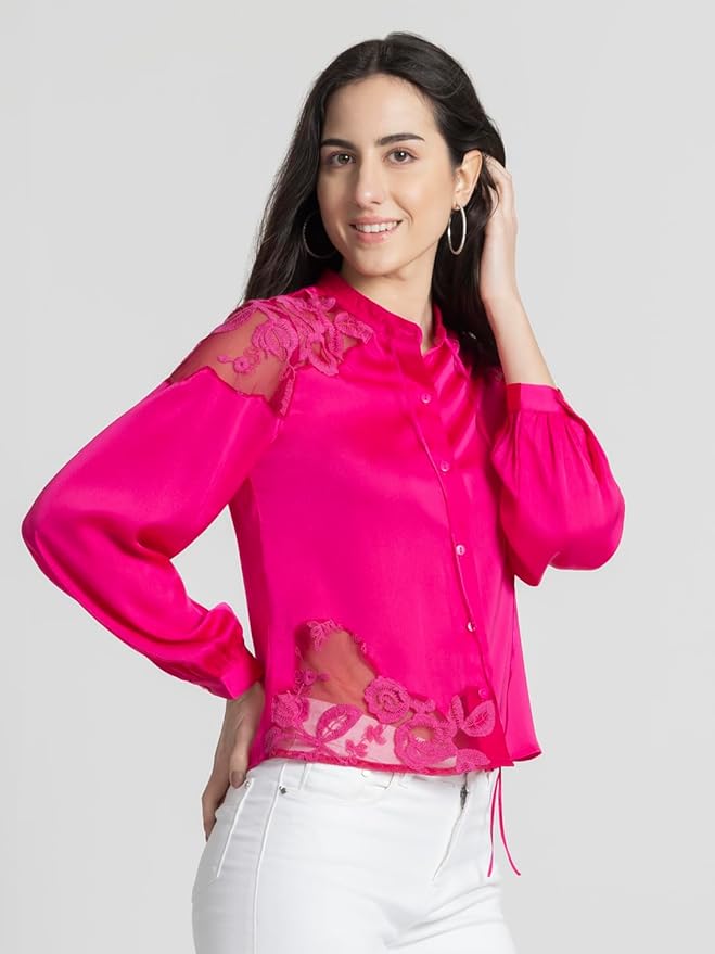 SHAYE Band Collar Fuchsia Embroidered Long Sleeves Satin Casual Tops for Women