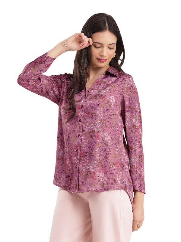 FableStreet Women's Satin Floral Print Collared Shirt - Purple