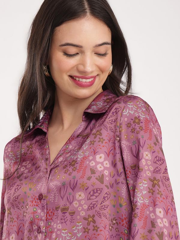 FableStreet Women's Satin Floral Print Collared Shirt - Purple
