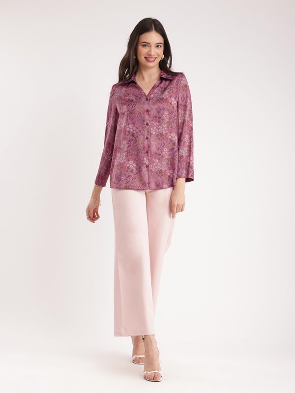 FableStreet Women's Satin Floral Print Collared Shirt - Purple