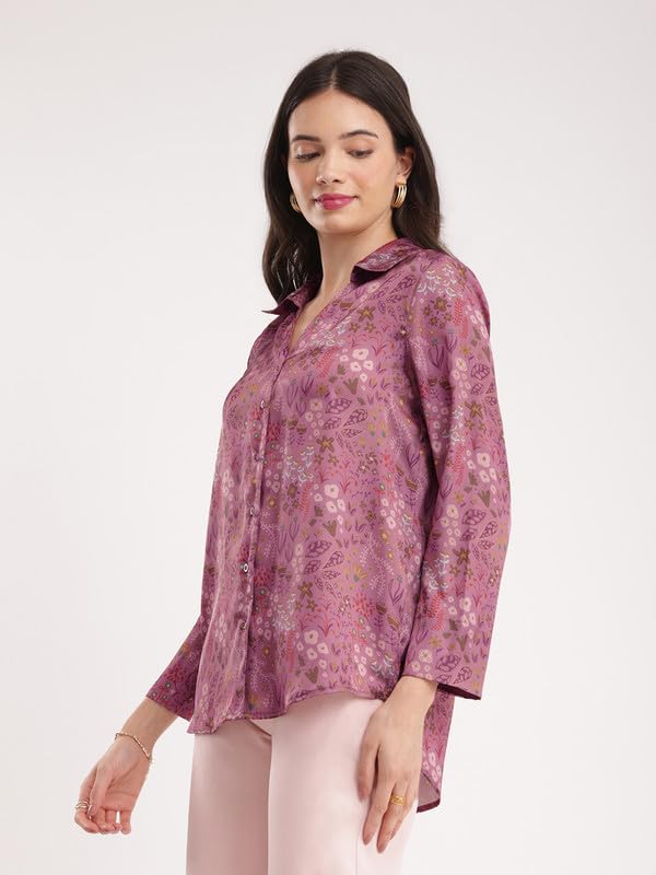 FableStreet Women's Satin Floral Print Collared Shirt - Purple