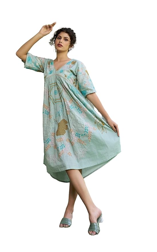 KESUDI Women's Pure Cotton Heavy Embroidery Tunic | Short Kurti Dress for Women's | Full Sleeve Designer Tunic Dress