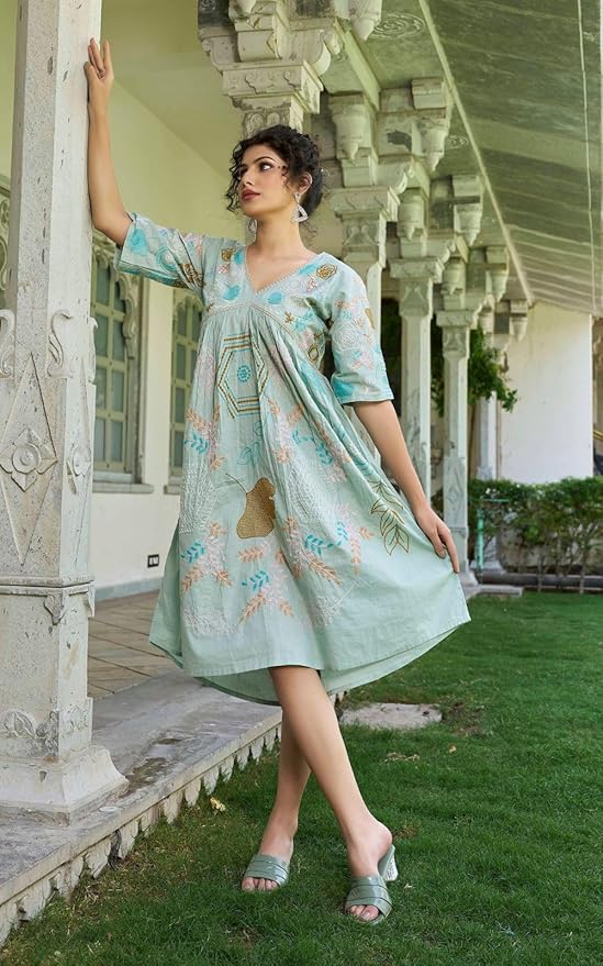 KESUDI Women's Pure Cotton Heavy Embroidery Tunic | Short Kurti Dress for Women's | Full Sleeve Designer Tunic Dress