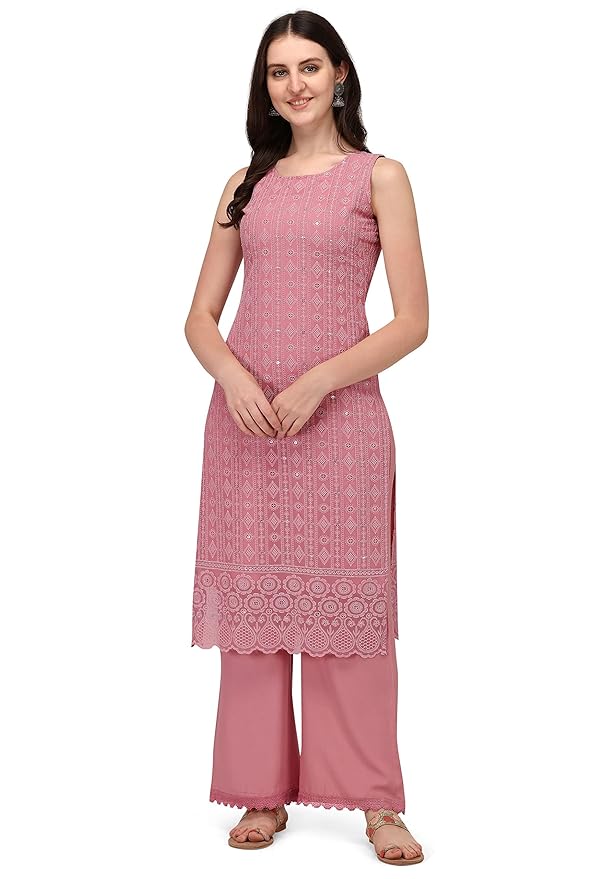 SHOPPING QUEEN Georgette Chikankari Kurta,Palazzo Set