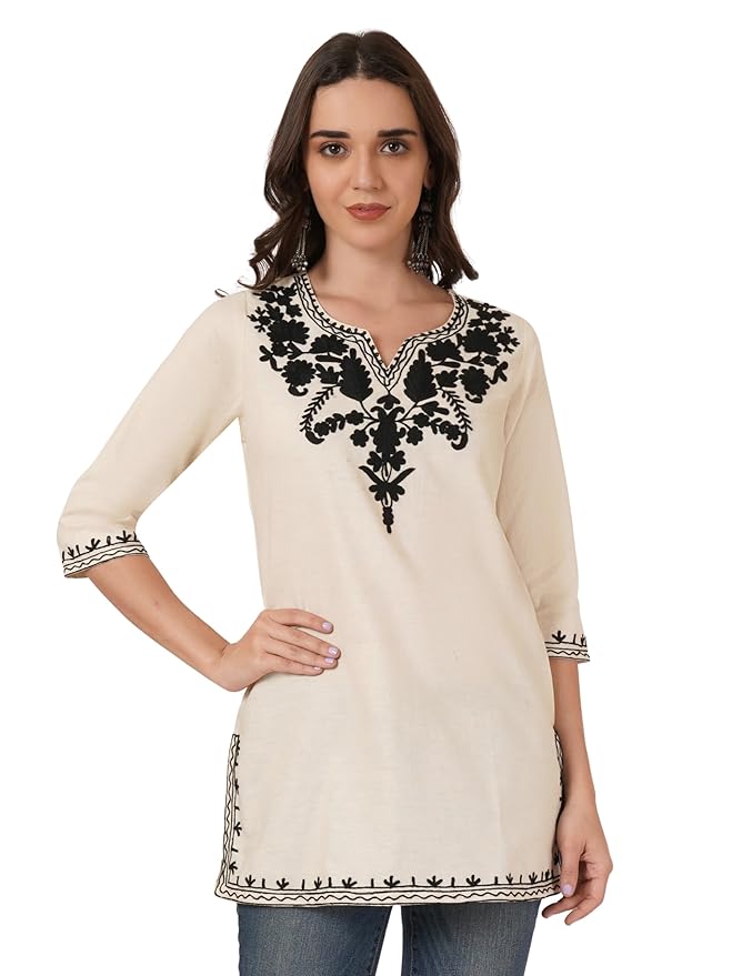Brownverse Women's Cotton Embroidered Kurti, Short Kurti, Tunic Top