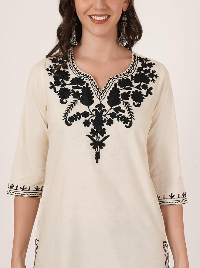 Brownverse Women's Cotton Embroidered Kurti, Short Kurti, Tunic Top