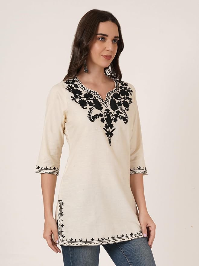 Brownverse Women's Cotton Embroidered Kurti, Short Kurti, Tunic Top