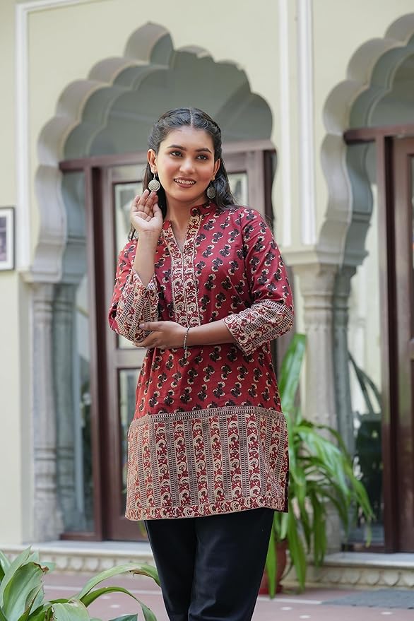 Yash Gallery Women's Maroon Cotton Floral Printed Mid Thigh Length 3/4th Sleeve Mandarin Collar Short Kurti