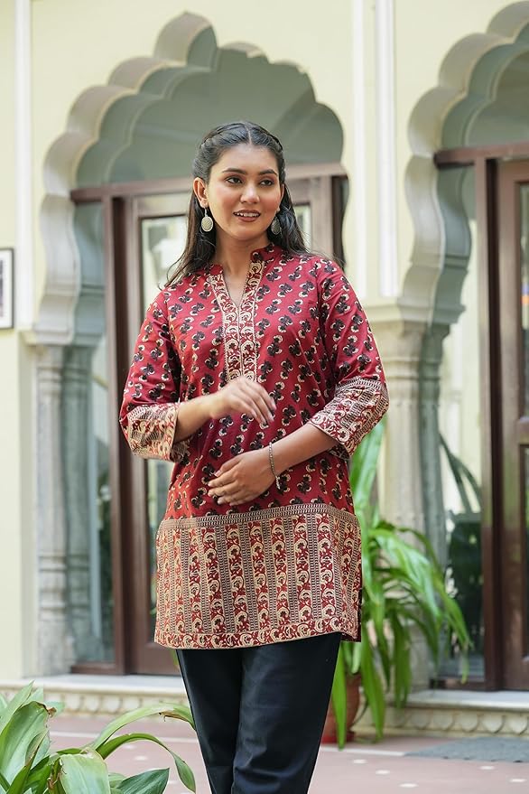Yash Gallery Women's Maroon Cotton Floral Printed Mid Thigh Length 3/4th Sleeve Mandarin Collar Short Kurti
