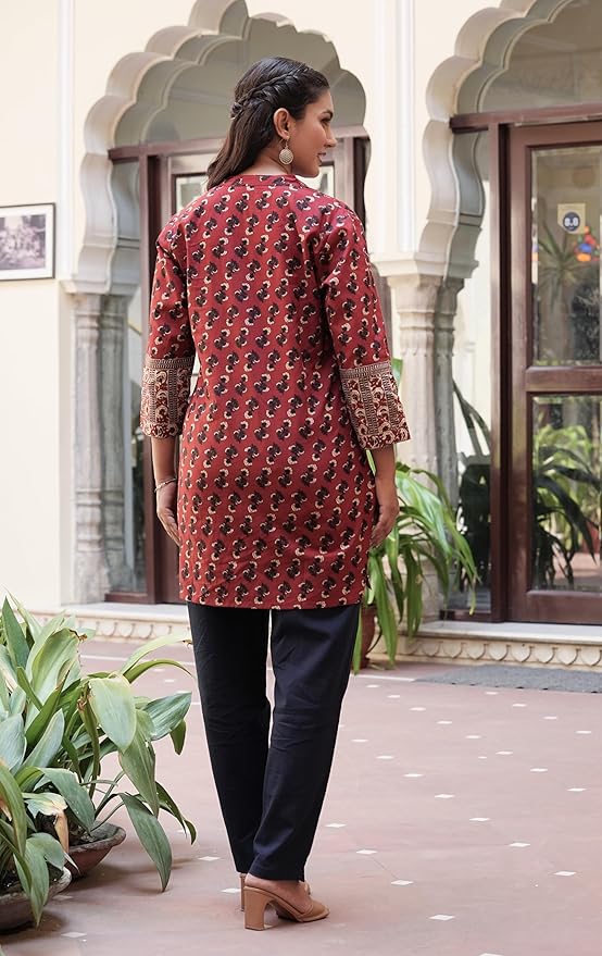 Yash Gallery Women's Maroon Cotton Floral Printed Mid Thigh Length 3/4th Sleeve Mandarin Collar Short Kurti