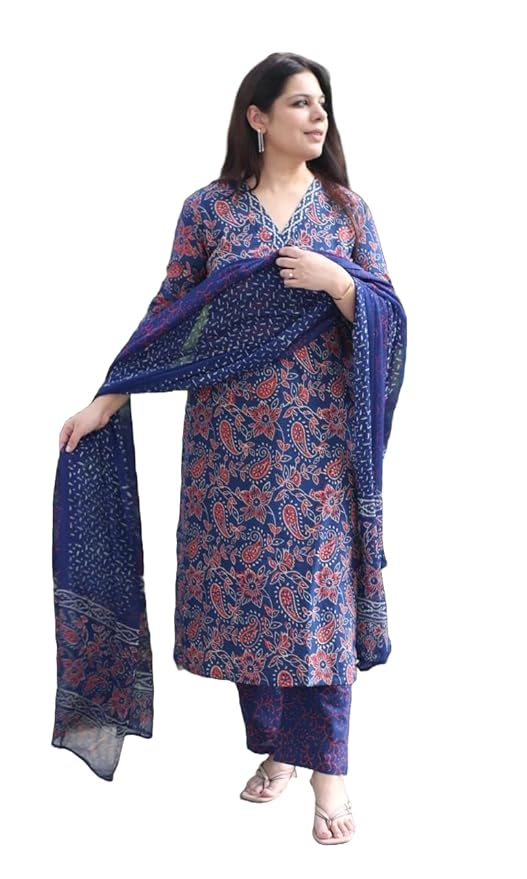 MEERA FAB Women's Pure Cotton Floral Printed Kurta With Palazzo & Dupatta