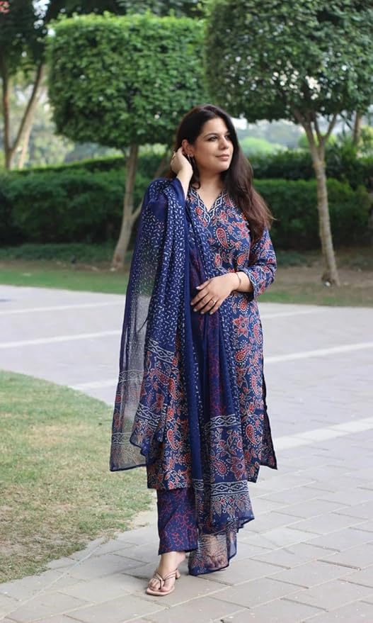 MEERA FAB Women's Pure Cotton Floral Printed Kurta With Palazzo & Dupatta