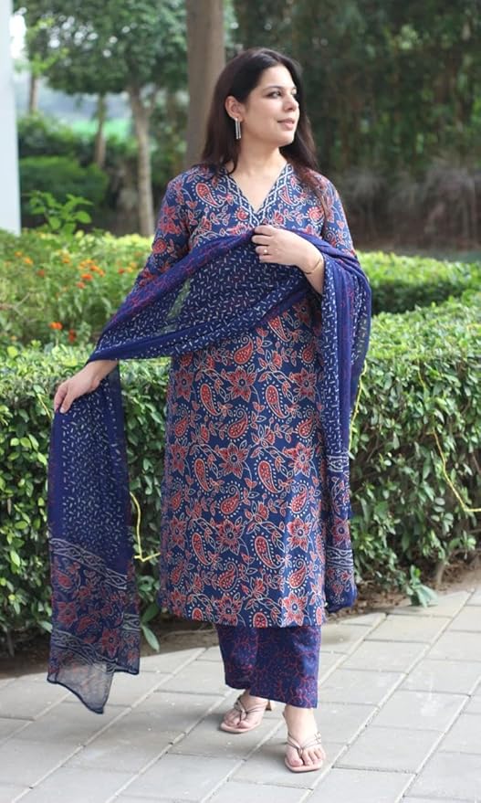 MEERA FAB Women's Pure Cotton Floral Printed Kurta With Palazzo & Dupatta