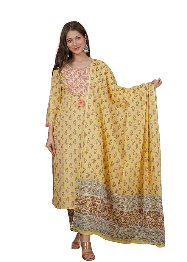 MEERA FAB Women's Cotton Printed Green Printed Straight Embroidery Kurta with Palazzo & Dupatta Set