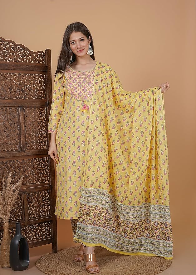 MEERA FAB Women's Cotton Printed Green Printed Straight Embroidery Kurta with Palazzo & Dupatta Set