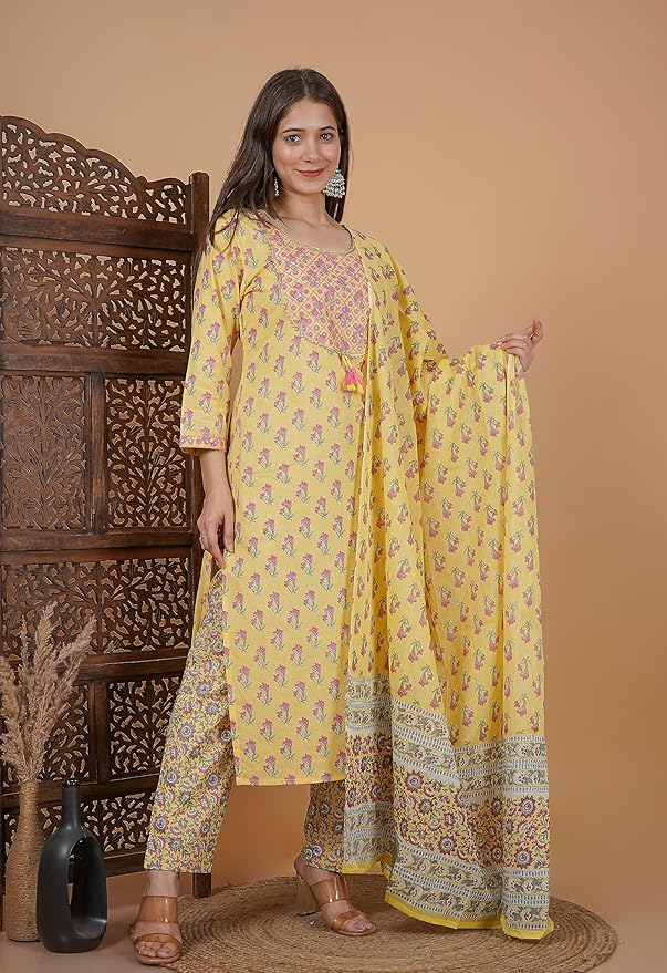 MEERA FAB Women's Cotton Printed Green Printed Straight Embroidery Kurta with Palazzo & Dupatta Set