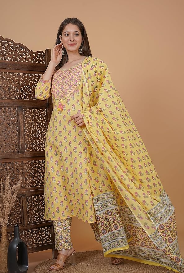 MEERA FAB Women's Cotton Printed Green Printed Straight Embroidery Kurta with Palazzo & Dupatta Set