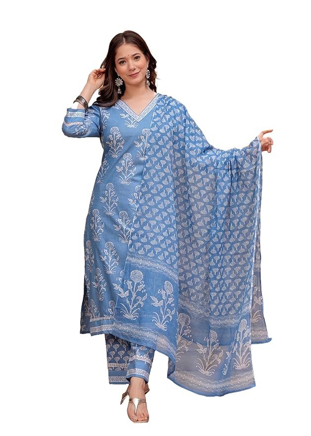 MEERA FAB Women's Cotton Blend Straight Printed Kurta with Palazzo & Dupatta