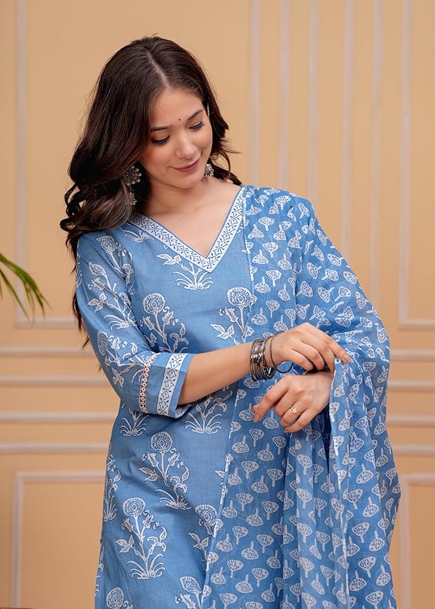 MEERA FAB Women's Cotton Blend Straight Printed Kurta with Palazzo & Dupatta