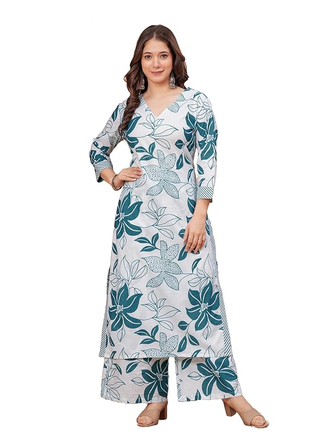 MEERA FAB Women's Rayon Straight Printed Kurta with Pant