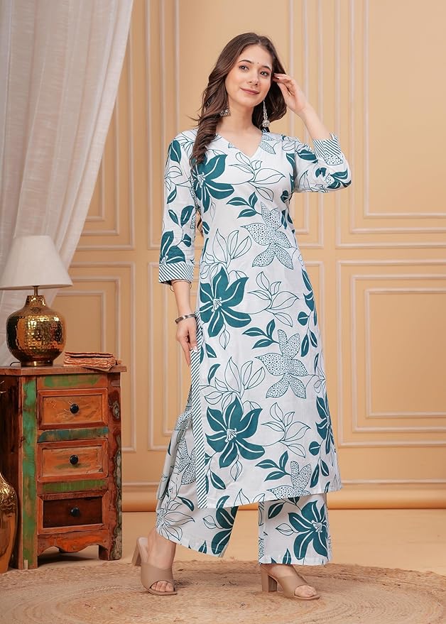 MEERA FAB Women's Rayon Straight Printed Kurta with Pant